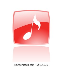 Nota musical brillante en botón rojo aislado en blanco