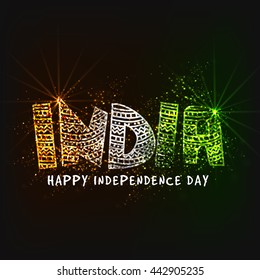 Glossy National Tricolor Text India for Happy Independence Day celebration, Can be used as poster, banner or flyer design.