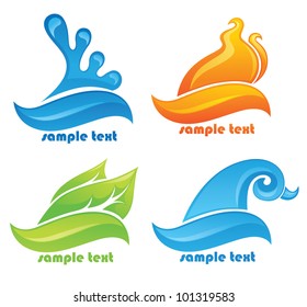 glossy nature symbols, vector decorative elements of: water, fire, air and flora