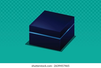 Glossy navy gift box with slightly open lid, perfect for high-end product packaging, jewelry mockups, or premium branding. Realistic 3D vector with teal backdrop.