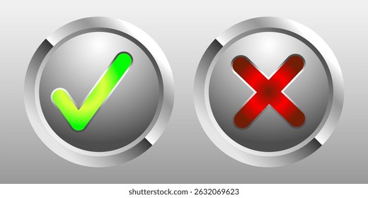 Glossy neon green check mark and neon red cross vector symbol on silver rounded button