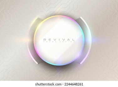 Glossy neon light circle logo frame, white center. Luxury round light frame, white brackets border on glossy white pattern background. Abstract ring vector glow color light effects