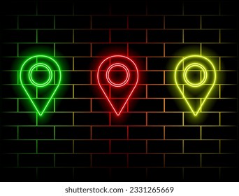 Glossy neon line map pin icon isolated on black background. Navigation, pointer, location, map, gps, direction, place, compass, search concept. vector illustration. many colors.