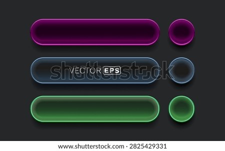 Glossy neon UI buttons and shapes set on dark background. Modern vibrant glass user interface elements with glowing effect. Vector illustration.