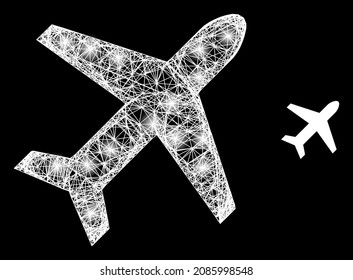 Glossy net airplane with glowing spots on a black background. Bright vector constellation based on airplane symbol, with hatched net and light spots.