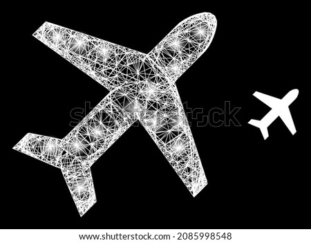 Glossy net airplane with glowing spots on a black background. Bright vector constellation based on airplane symbol, with hatched net and light spots.