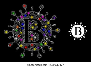 Icono de la constelación de beta coronavirus con manchas luminosas. La constelación vectorial iluminada se crea a partir del icono Beta coronavirus. Máscara de armazón parca Beta coronavirus en un fondo negro.