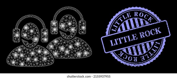 Centro de llamadas de red brillante con manchas de luz y sello corrosivo redondo de Little Rock azul. Modelo vectorial creado a partir del icono del centro de llamadas. Centro de llamadas de malla de marco brillante.