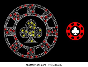 Glossy net clubs casino chip with lightspots. Wire frame 2D mesh generated with crossed white lines and clubs casino chip icon.