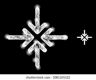 Glossy net collapse arrows with light spots on a black background. Light vector structure is created from collapse arrows icon, with linear net and light spots.