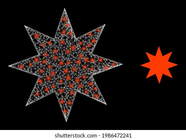 Glossy net eight pointed star with lightspots. Linear carcass 2D mesh generated from crossed white lines and eight pointed star icon.