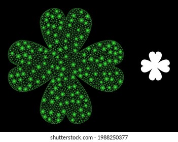 Glossy net four leaf clover with glowing spots. Vector frame based on four leaf clover icon. Glossy frame polygonal four leaf clover on a black background.