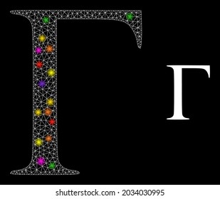 Glossy net Gamma Greek letter constellation icon with light spots. Illuminated vector constellation based on Gamma Greek letter icon.