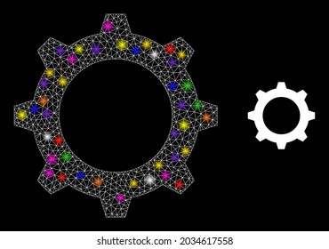 Glossy net gear constellation icon with light spots. Illuminated vector constellation based on gear icon. Sparkle carcass mesh gear on a black background. Linear carcass flat network in vector format.