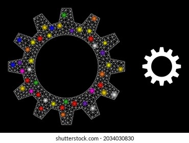 Glossy net gearwheel constellation icon with lightspots. Illuminated vector model based on gearwheel pictogram. Sparkle frame mesh gearwheel on a black background.