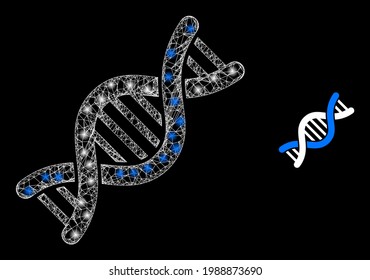 Glossy net genetic molecule with light spots. Linear carcass flat network generated with intersected white lines and genetic molecule icon.