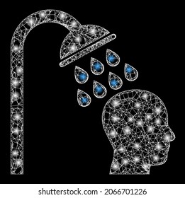 Glossy net head shower with glowing spots. Vector carcass based on head shower icon, and with crossing lines. Glossy frame mesh head shower on a black background.
