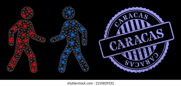 Glossy net men meeting with lightspots, and Caracas blue round unclean stamp seal. Vector carcass generated from men meeting icon. Bright carcass polygonal men meeting.