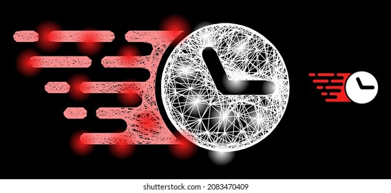 Glossy net mesh clock with light spots on a black background. Light vector constellation based on clock icon, with hatched net and light spots.