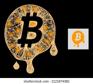 Glossy net mesh melting bitcoin with glowing spots on a black background. Light vector structure based on melting bitcoin icon, with intersected mesh and light spots.