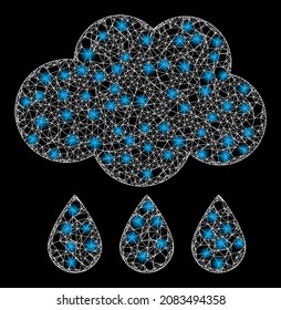 Nubes de lluvia de malla neta brillante con focos de luz. Carcasa vectorial basada en el icono de la nube de lluvia y con líneas interseccionadas. Nube de malla brillante de malla en un fondo negro.