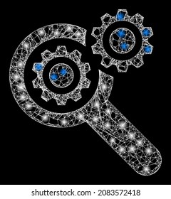 Glossy net mesh search engine with lightspots. Vector carcass based on search engine icon, and with crossed lines. Flare carcass mesh search engine on a black background.
