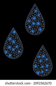 El agua de malla de red brillante cae en un icono con manchas de luz sobre un fondo negro. La malla vectorial iluminada se basa en glifos de agua, con malla triangulada y puntos de luz aleatorios.