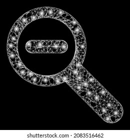 Glossy net mesh zoom out with light spots. Vector frame created from zoom out icon, and with intersected lines. Glossy frame polygonal zoom out on a black background.