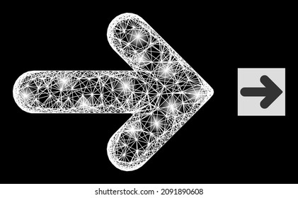 Glossy net right direction icon with lightspots and white mesh on a black background. Illuminated vector structure is based on right direction icon, with linear white mesh and random lightspots.