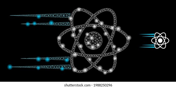 Glossy net rush atom with glowing spots. Vector frame based on rush atom icon. Glowing frame mesh rush atom on a black background.