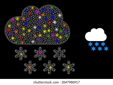 Glossy net snow cloud constellation icon with lightspots. Illuminated vector constellation based on snow cloud glyph. Sparkle frame polygonal snow cloud on a black background.