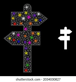 Glossy net way pointer glare icon with light spots. Illuminated vector model based on way pointer pictogram. Sparkle carcass mesh way pointer on a black background.