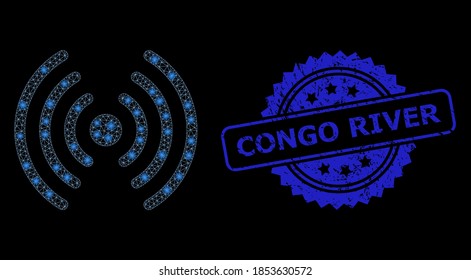 Glossy net Wi-Fi signal with glowing spots, and Congo River textured ribbon stamp seal. Blue stamp seal includes Congo River title inside rosette.