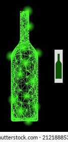 Glossy net wine bottle with glowing spots on a black background. Light vector structure is based on wine bottle glyph, with irregular net and light dots.