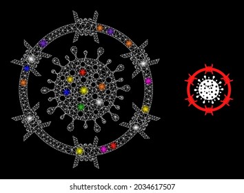 Icono de la constelación de la zona del coronavirus de púas de red brillante con focos luminosos. Constelación vectorial iluminada a partir de la imagen de la zona del coronavirus de púas.