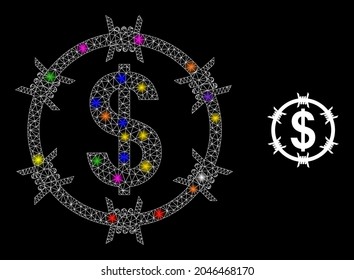Glossy network barbed wire dollar constellation icon with light spots. Illuminated vector model based on barbed wire dollar icon. Sparkle carcass mesh barbed wire dollar on a black background.
