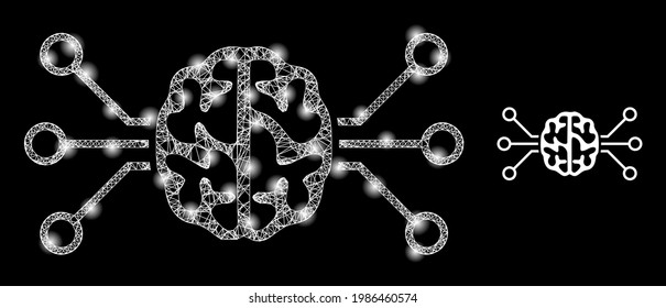 Glossy network brain circuit with light spots. Wire carcass 2D mesh generated with intersected white lines and brain circuit icon.