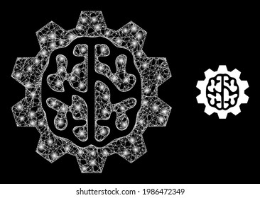 Glossy network brain gear with light spots. Linear frame flat mesh generated from crossed white lines and brain gear icon. White mesh and sparkle frame mesh brain gear on a black background.