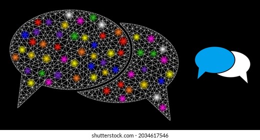 Icono de constelación de mensajes de chat de red brillante con focos luminosos. Constelación vectorial iluminada basada en el pictograma de mensajes de chat. Sparkle marco mensajes de chat de malla en un fondo negro.