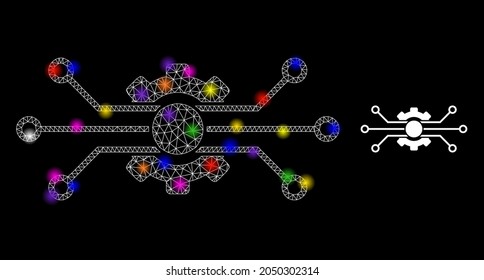 Glossy network circuit gear constellation icon with light spots. Illuminated vector constellation is created from circuit gear pictogram. Sparkle carcass mesh circuit gear on a black background.