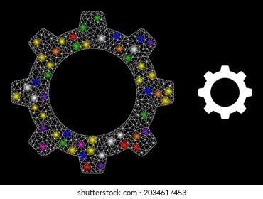 Glossy network cogwheel constellation icon with light spots. Illuminated vector constellation is created from cogwheel icon. Sparkle frame mesh cogwheel on a black background.