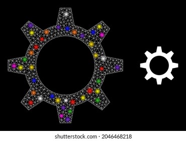 Glossy network cogwheel constellation icon with lightspots. Illuminated vector constellation based on cogwheel icon. Sparkle carcass mesh cogwheel on a black background.