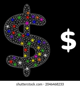 Icono brillante de la constelación de moneda en dólares de la red con puntos de luz. Constelación vectorial iluminada basada en el icono de moneda en dólares. La carne espuma la moneda del dólar en un fondo negro.