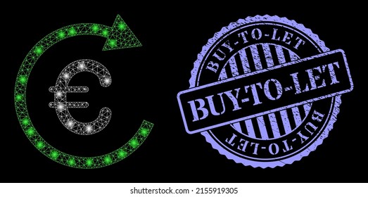 Red brillante de pago en euros con manchas de luz y sello de textura redondo de color azul Buy-To-Let. Marco vectorial generado a partir del icono de reembolso del euro. Reembolso del euro en malla de canal brillante.