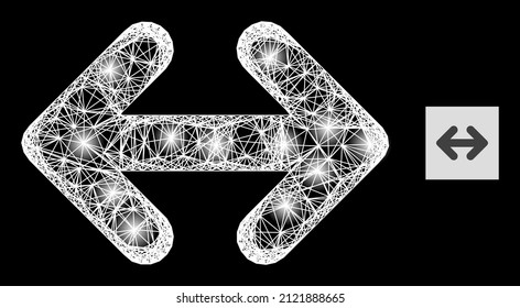 Las flechas de intercambio de red brillantes horizontalmente con manchas luminosas sobre un fondo negro. Estructura vectorial iluminada basada en el símbolo horizontal de las flechas de cambio, con malla rayada y manchas luminosas.