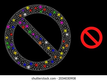 Glossy network forbidden constellation icon with light spots. Illuminated vector constellation based on forbidden pictogram. Sparkle frame polygonal forbidden on a black background.