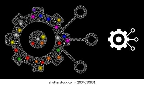 Glossy network gear connections constellation icon with lightspots. Illuminated vector constellation is created from gear connections icon. Sparkle frame mesh gear connections on a black background.