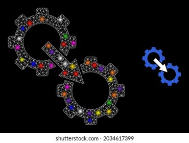 Glossy Network Zahnräder Integration Glare Symbol mit Leuchtpunkten. Leuchtende Vektorkonstellation auf der Grundlage der Zahnradintegration Symbol. Integration von glänzenden Karkassettennetzen auf schwarzem Hintergrund.