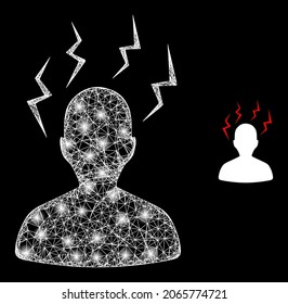 La brillante migraña de cabeza de red golpea con focos. Red 2D de canal lineal generada a partir de líneas blancas entrelazadas e icono de golpes de migraña en la cabeza.