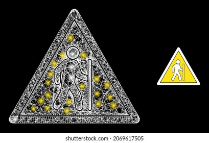Una red brillante de senderismo en peligro con los focos. Malla 2D de marco lineal generada con el cruce de líneas blancas y el icono de peligro del hombre de excursión.